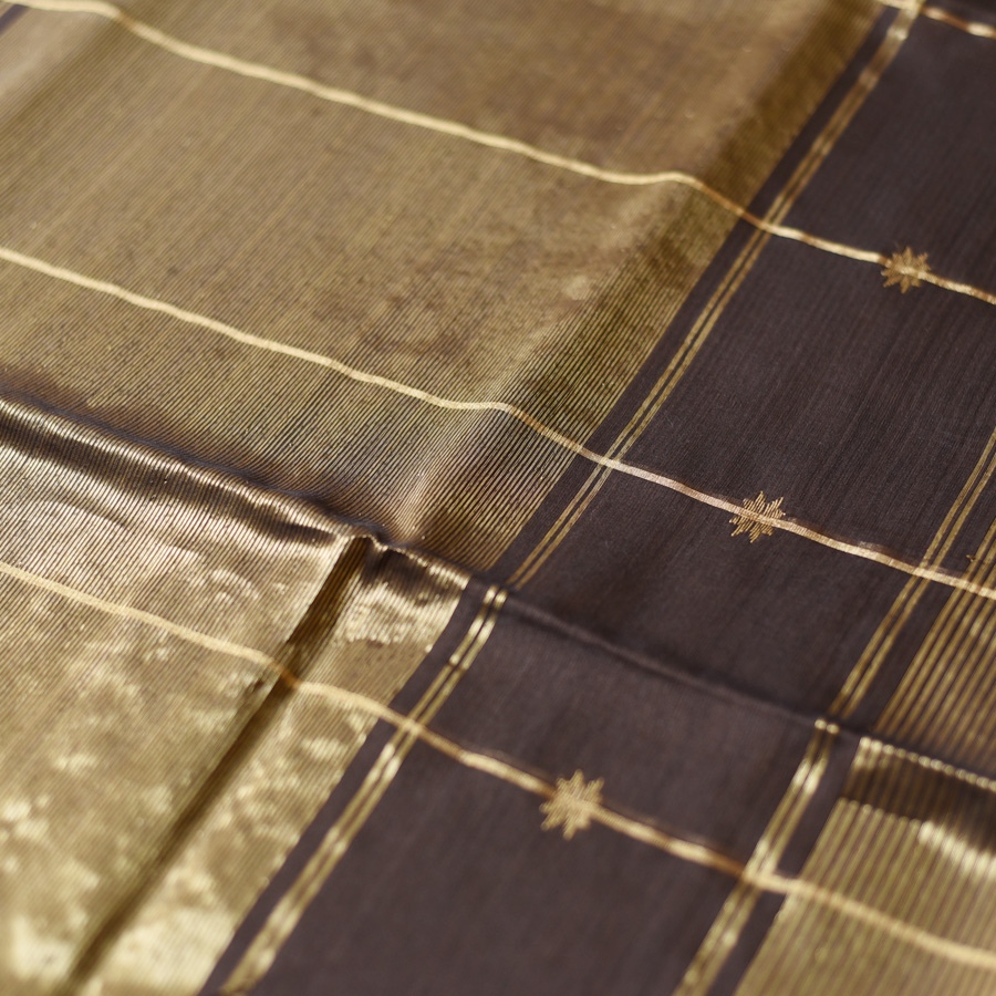 buy Handloom Maheshwari Silk Brown Saree With Zari Stripes