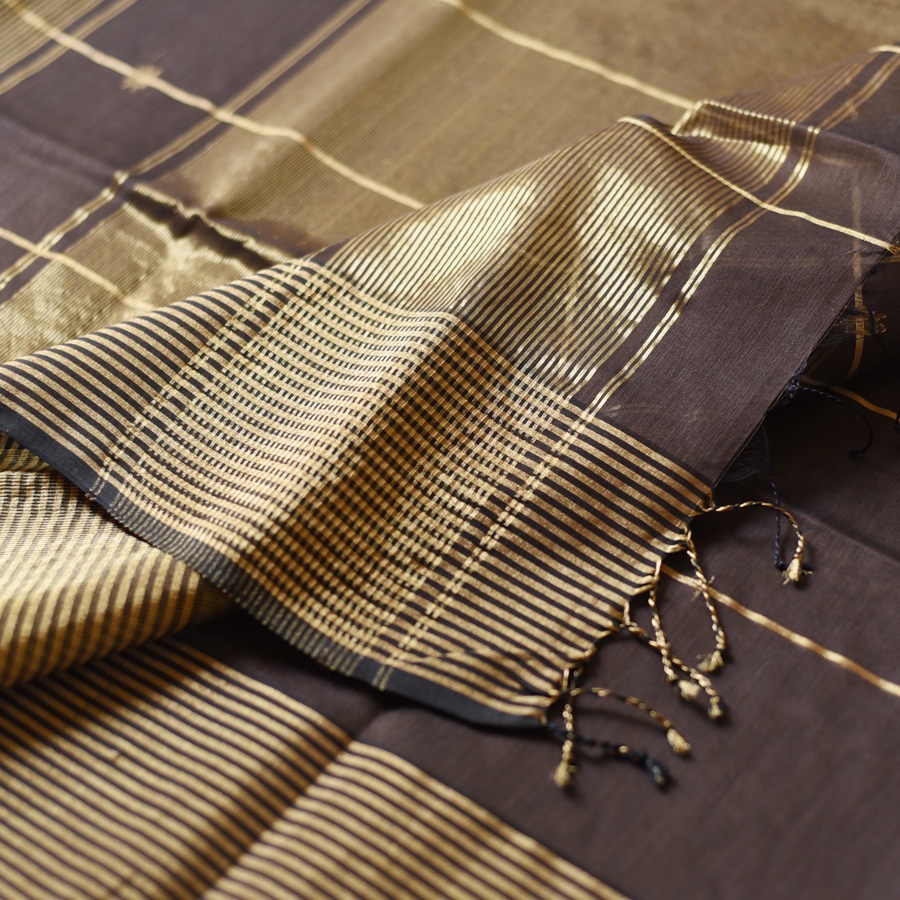buy Handloom Maheshwari Silk Brown Saree With Zari Stripes
