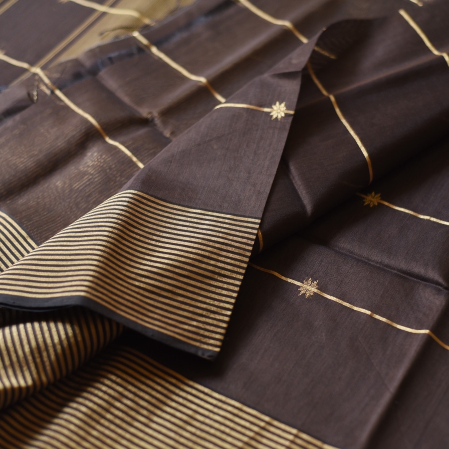 buy Handloom Maheshwari Silk Brown Saree With Zari Stripes