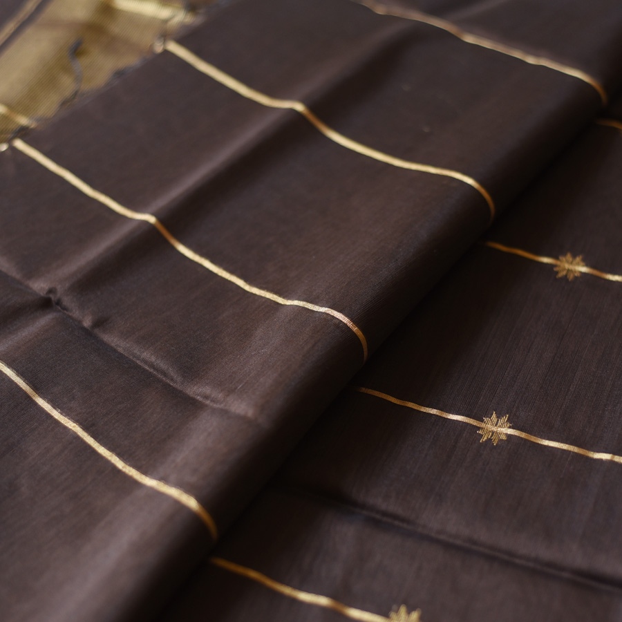 buy Handloom Maheshwari Silk Brown Saree With Zari Stripes