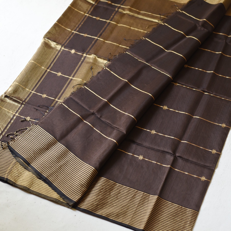 buy Handloom Maheshwari Silk Brown Saree With Zari Stripes