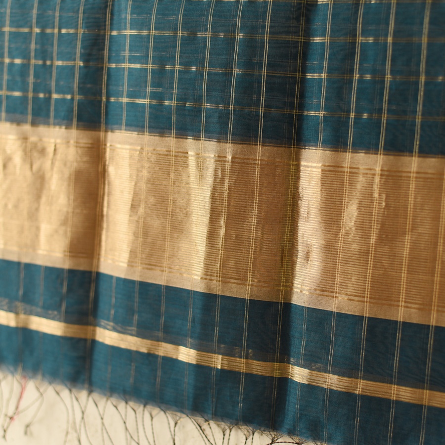 shop Maheshwari Zari Checks Dress Material (Top & Dupatta) - Teal Blue