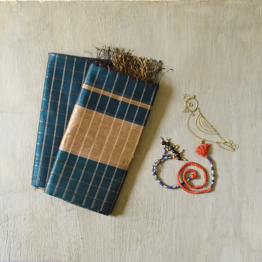 shop Maheshwari Zari Checks Dress Material (Top & Dupatta) - Teal Blue