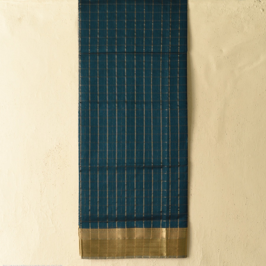 shop Maheshwari Zari Checks Dress Material (Top & Dupatta) - Teal Blue