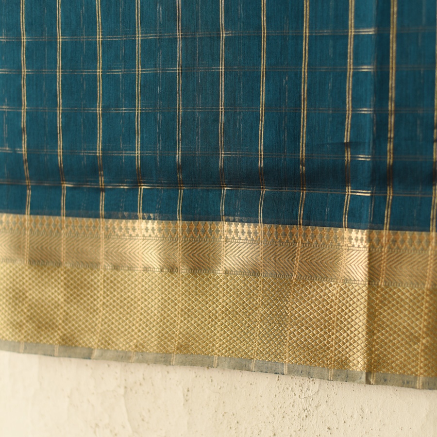 shop Maheshwari Zari Checks Dress Material (Top & Dupatta) - Teal Blue