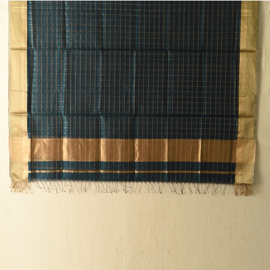 shop Maheshwari Zari Checks Dress Material (Top & Dupatta) - Teal Blue