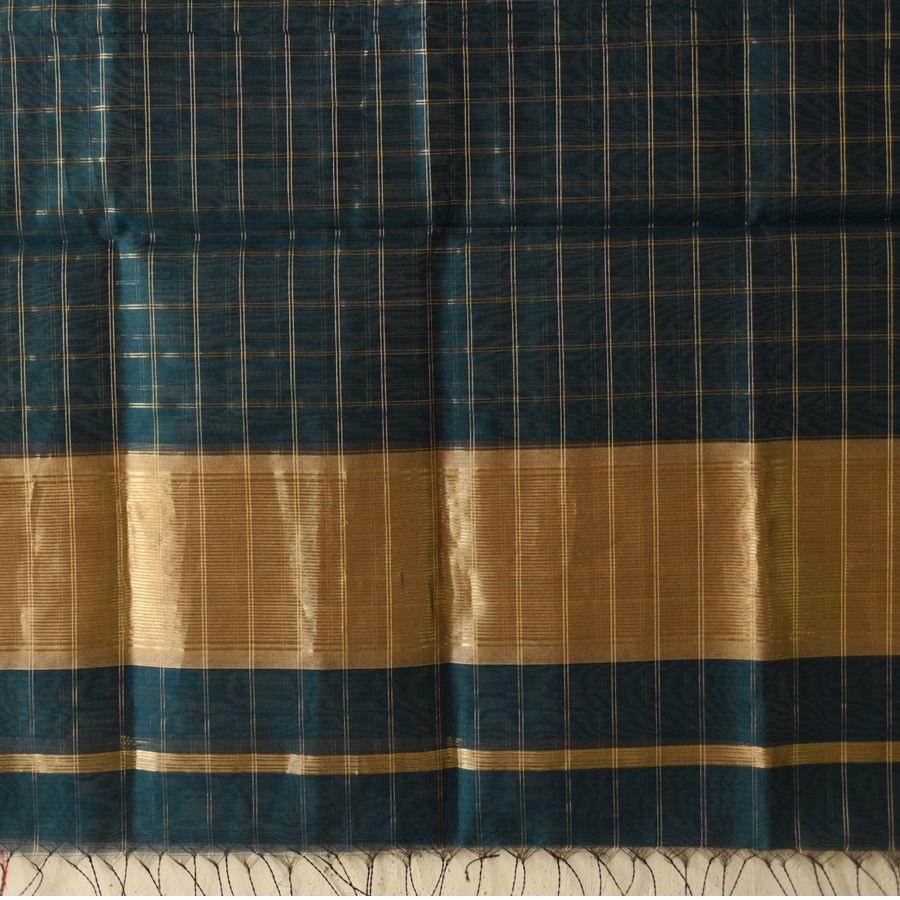 shop Maheshwari Zari Checks Dress Material (Top & Dupatta) - Teal Blue