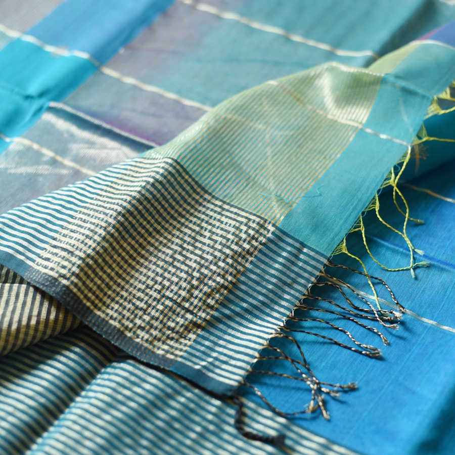 buy Handloom Maheshwari Silk Blue Saree ~ Zari Stripe & Butta