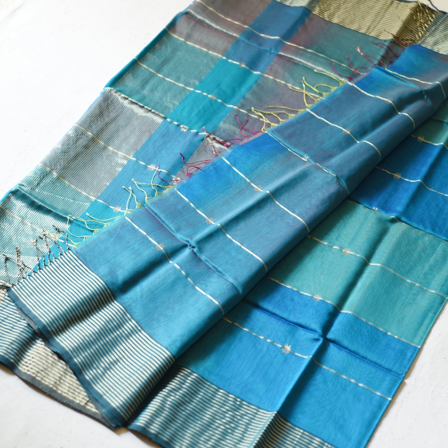 buy Handloom Maheshwari Silk Blue Saree ~ Zari Stripe & Butta