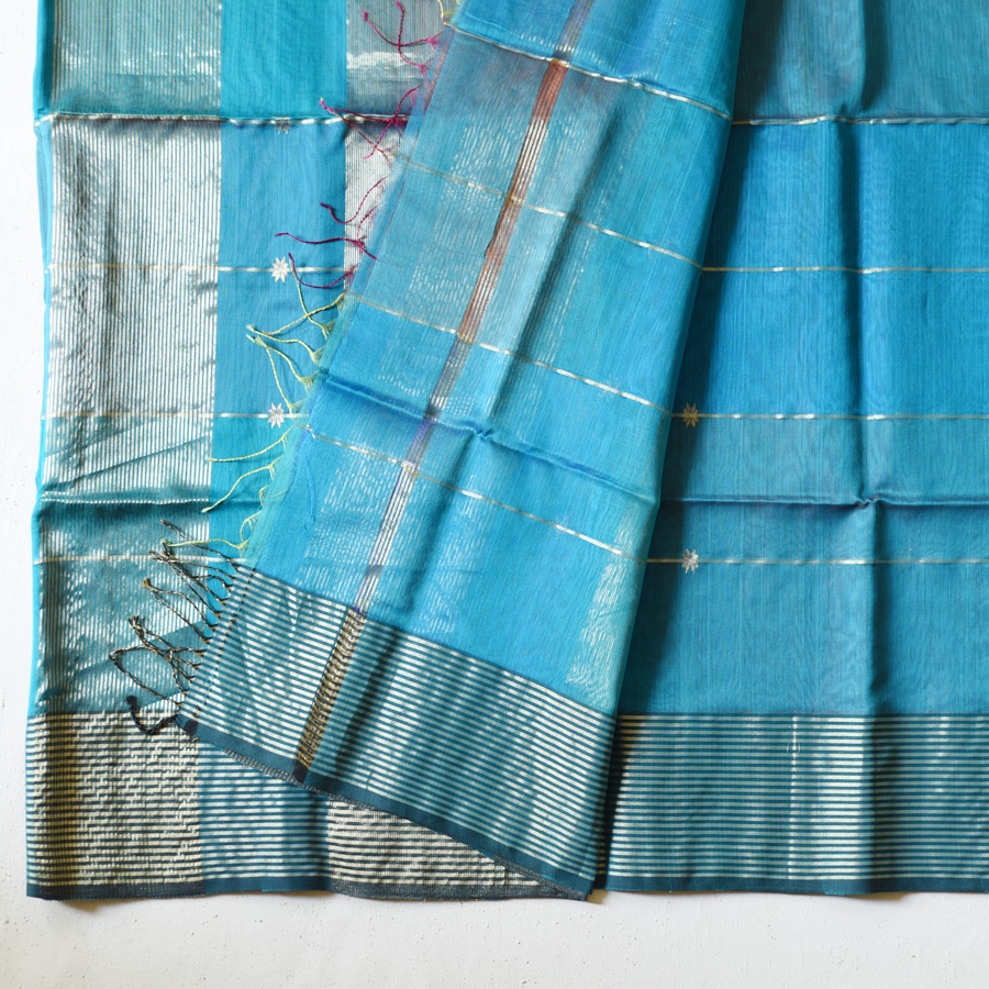 buy Handloom Maheshwari Silk Blue Saree ~ Zari Stripe & Butta