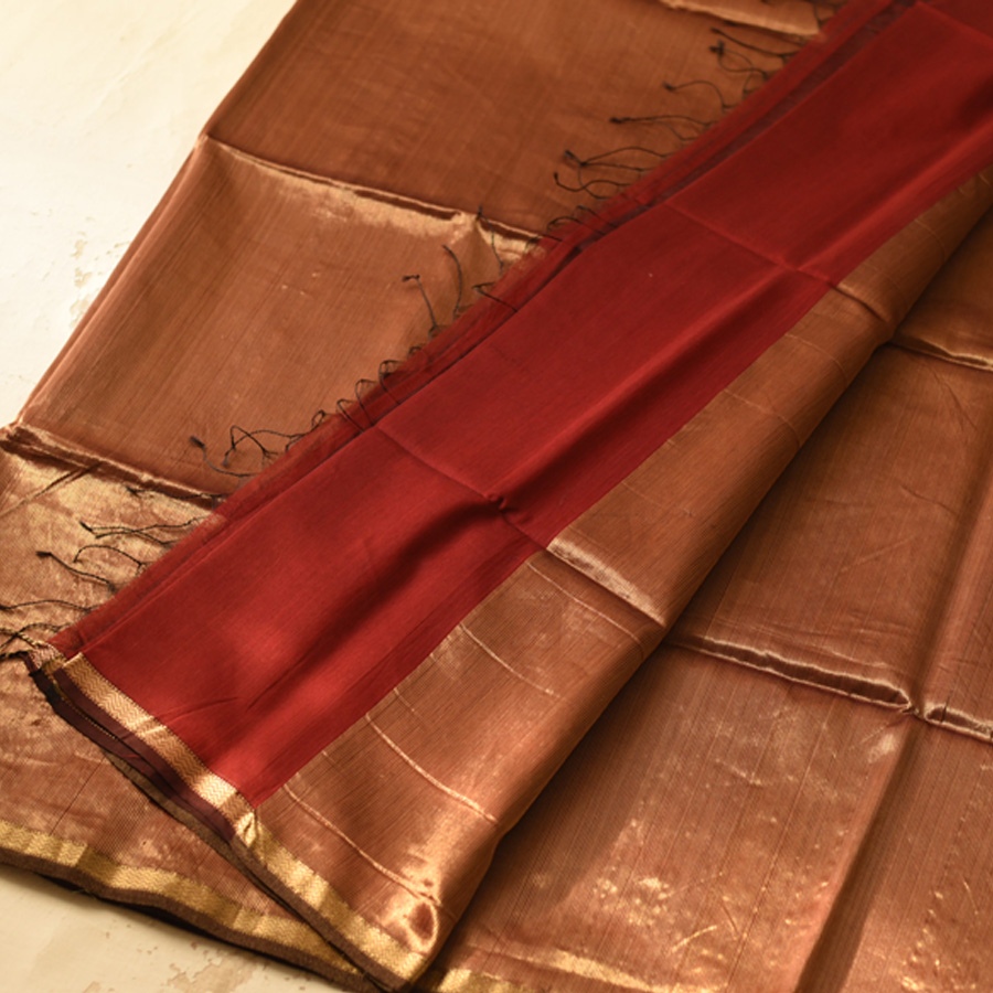 buy Handwoven Maheshwari Silk & Zari Saree ~ Brown