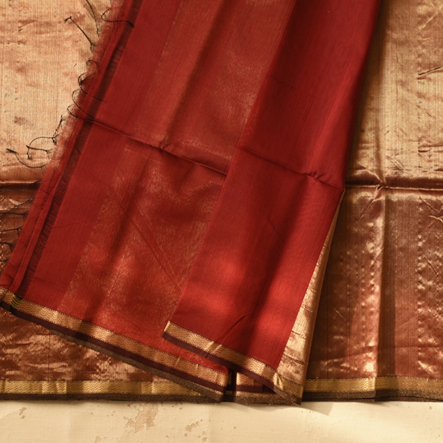 buy Handwoven Maheshwari Silk & Zari Saree ~ Brown