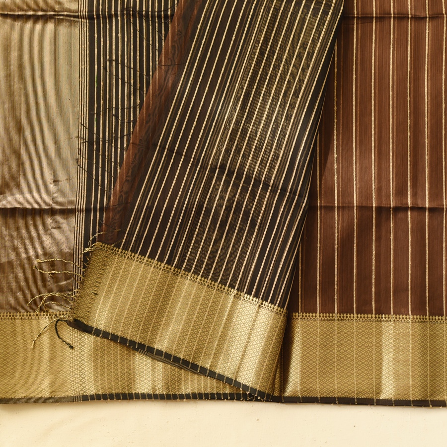 buy Handloom Maheshwari Silk Brown Saree With Black Pallu
