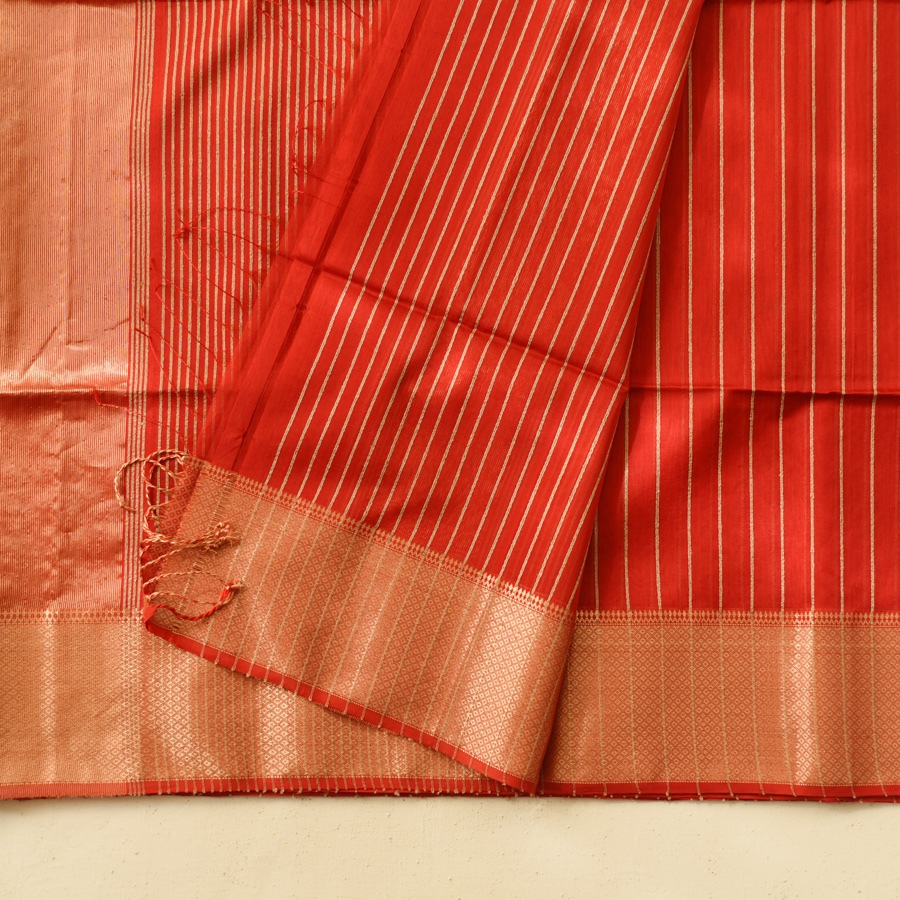 Black Handloom Maheshwari Silk Red Saree With Golden Zari Stripes