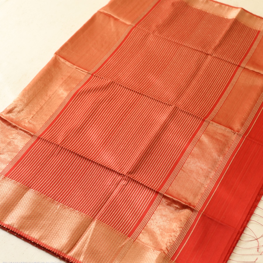 Black Handloom Maheshwari Silk Red Saree With Golden Zari Stripes