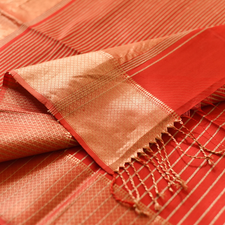 Black Handloom Maheshwari Silk Red Saree With Golden Zari Stripes