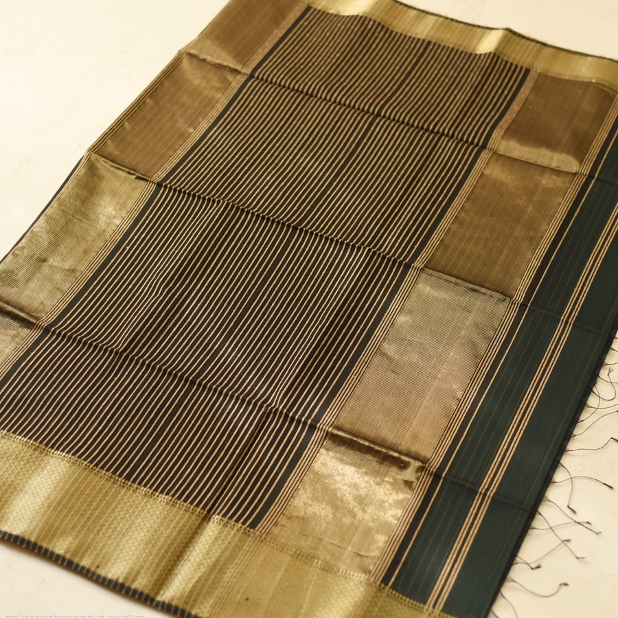 buy Handloom Maheshwari Silk Dark Green Saree ~ Zari Stripes