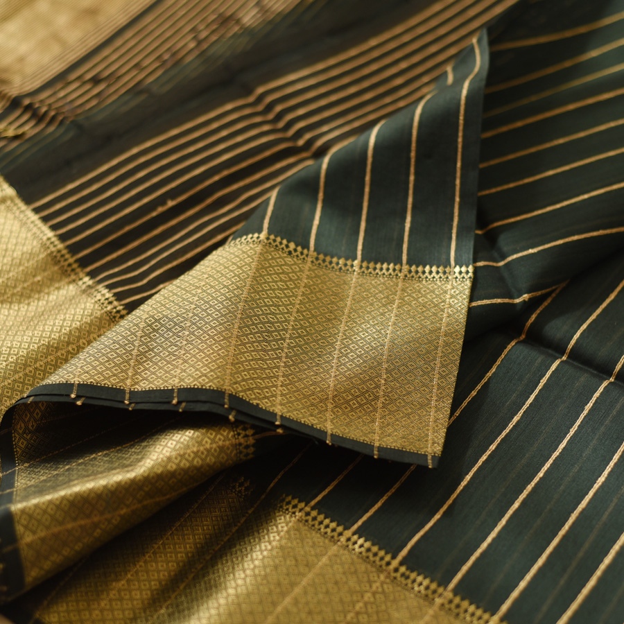 buy Handloom Maheshwari Silk Dark Green Saree ~ Zari Stripes