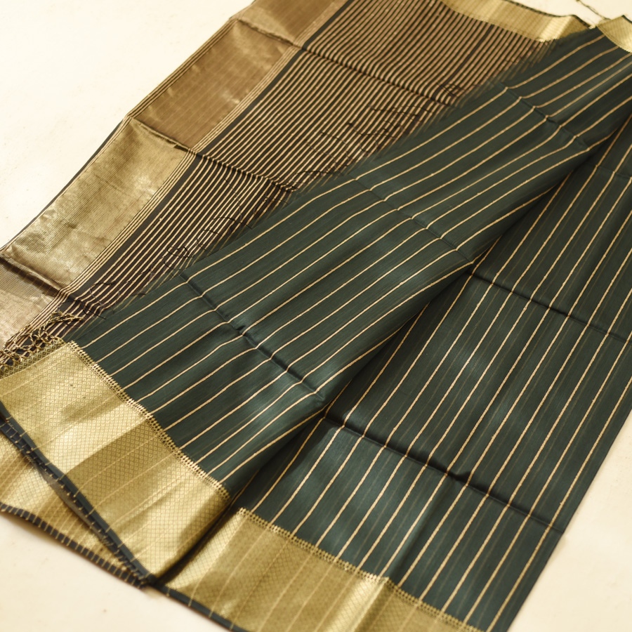 buy Handloom Maheshwari Silk Dark Green Saree ~ Zari Stripes