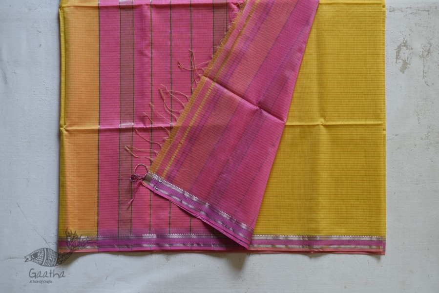 maheshwari handwoven silk yellow saree 