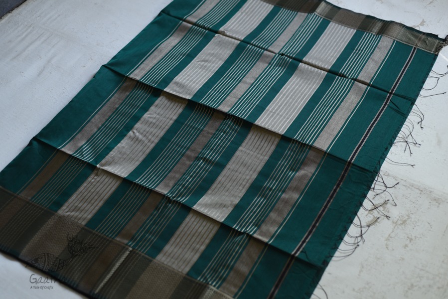 maheshwari handwoven silk dark green saree with golden border