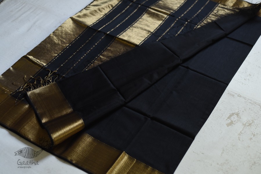 maheshwari handwoven silk black saree with zari border