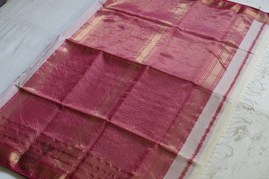 maheshwari handwoven silk white saree with pink border