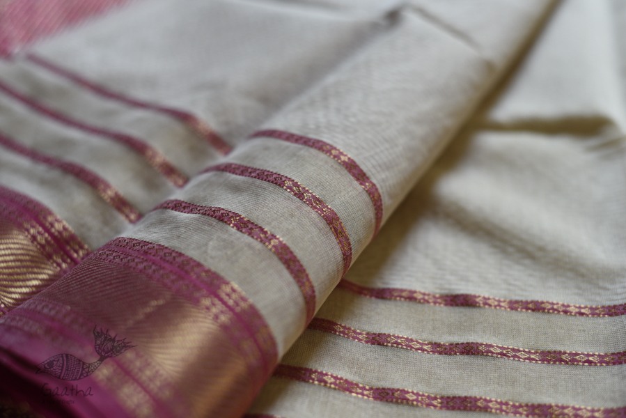 maheshwari handwoven silk white saree with pink border