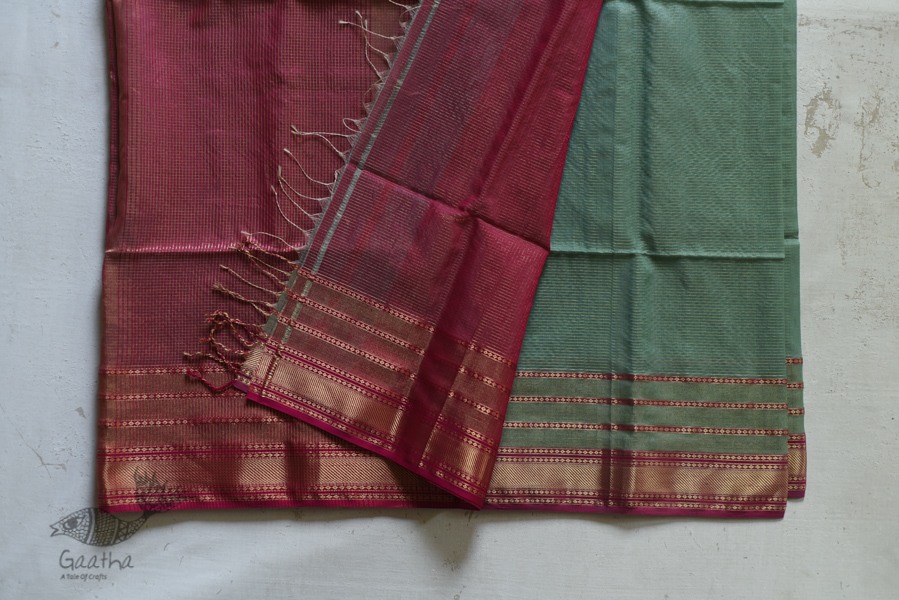 maheshwari handwoven silk sea green saree with pink pallu