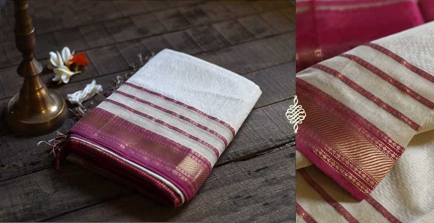 maheshwari handwoven silk white saree with pink border