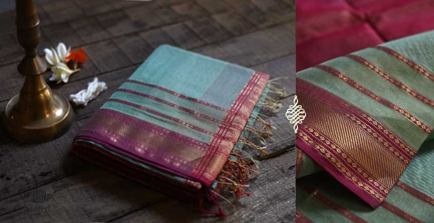 maheshwari handwoven silk sea green saree with pink pallu