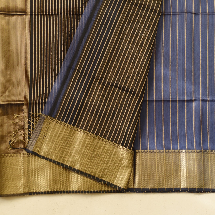 buy Handloom Maheshwari Silk - Zari Stripe in Grey Saree