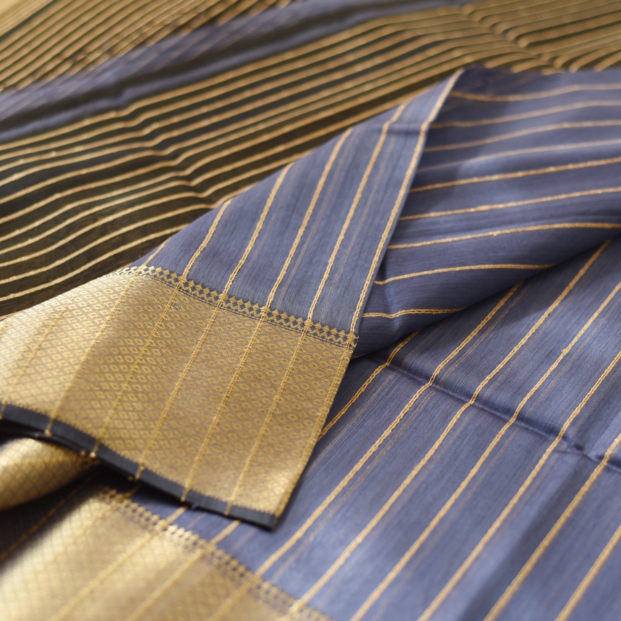 buy Handloom Maheshwari Silk - Zari Stripe in Grey Saree