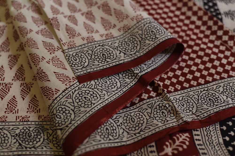 Hand Block Bagh Printed Pure Cotton saree With Red Pallu