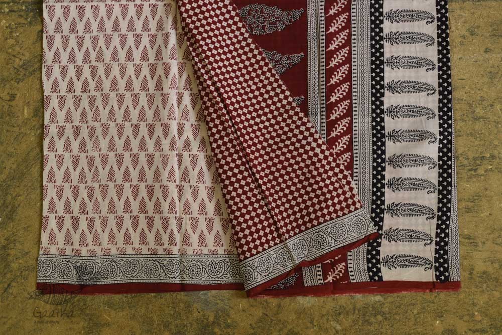 Hand Block Bagh Printed Pure Cotton saree With Red Pallu