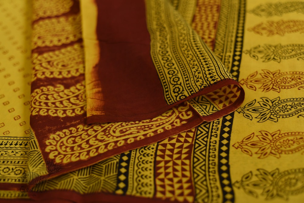 Hand Block Bagh Printed Pure Cotton saree  in Lemon Yellow Colour