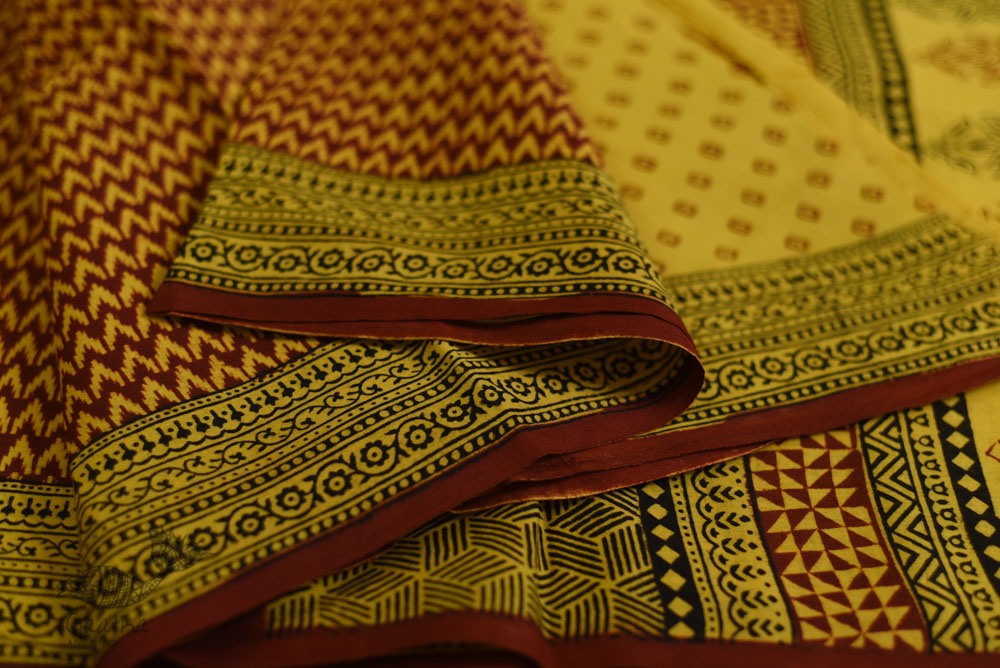 Hand Block Bagh Printed Pure Cotton saree  in Lemon Yellow Colour