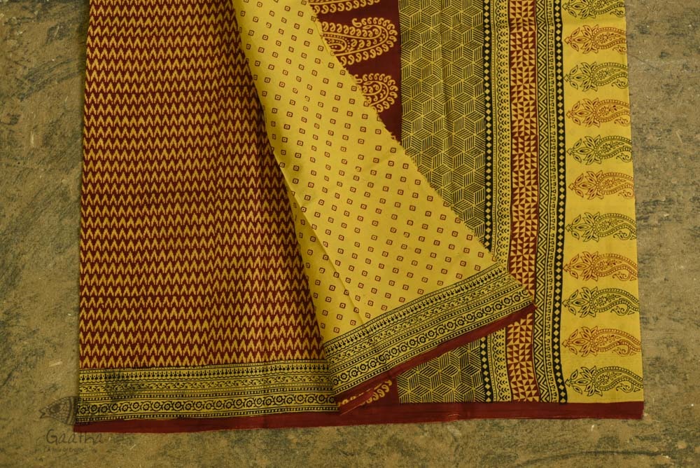 Hand Block Bagh Printed Pure Cotton saree  in Lemon Yellow Colour