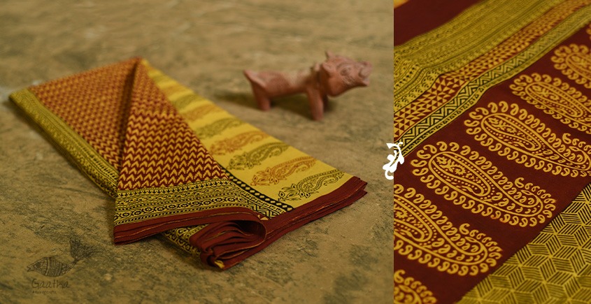 Hand Block Bagh Printed Pure Cotton saree  in Lemon Yellow Colour