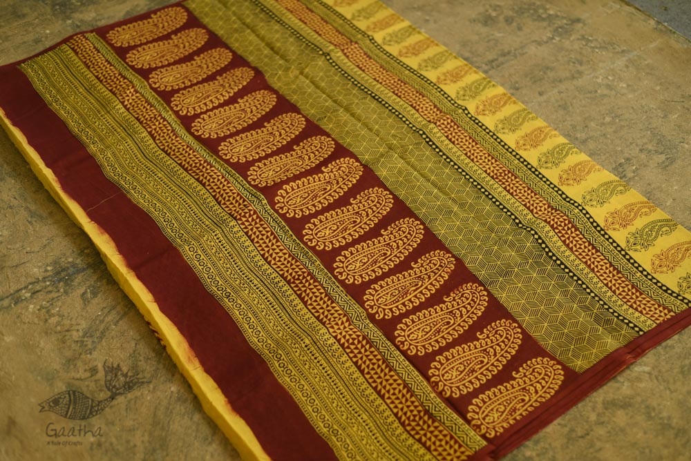 Hand Block Bagh Printed Pure Cotton saree  in Lemon Yellow Colour