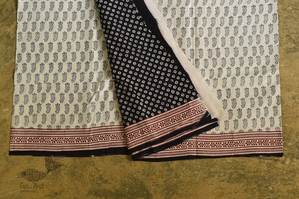 Hand Block Bagh Printed Pure Cotton saree - Black & White