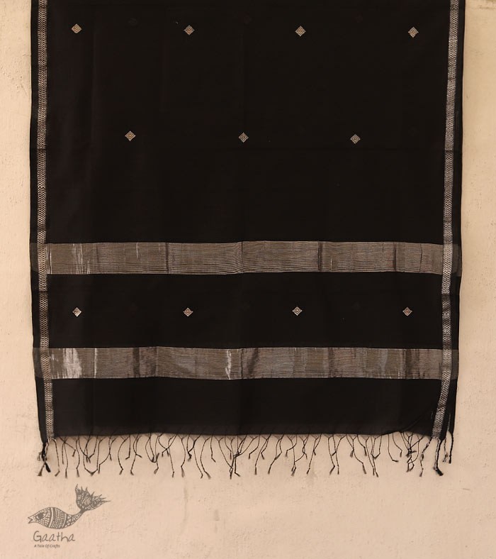सुगंधिका ✻ Maheshwari ✻ Black Silver Zari Buti stole ✻ B 2