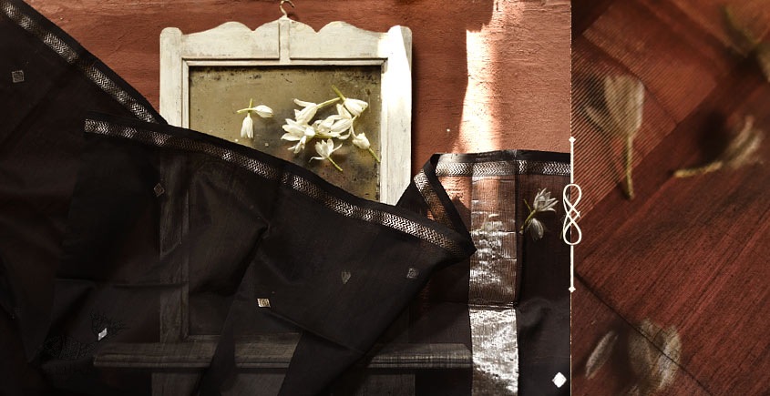 सुगंधिका ✻ Maheshwari ✻ Black Silver Zari Buti stole ✻ B 2
