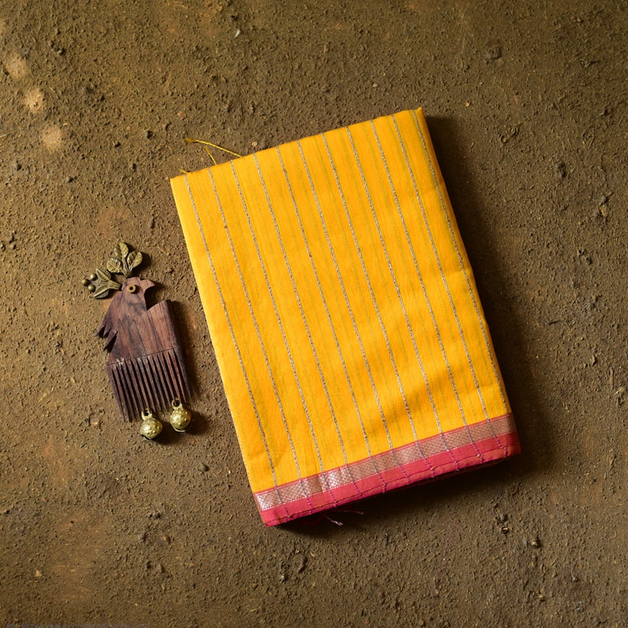 buy Zari Stripes Maheshwari Silk Saree ~ Yellow