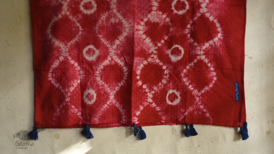 shop Handcrafted Shibori Dupatta - Red Ogee Waves, Tritik