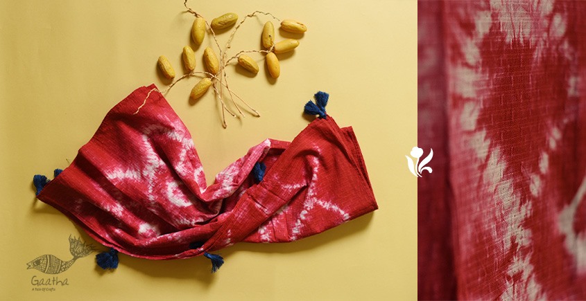 online Handcrafted Shibori Dupatta - Red Ogee Waves, Tritik 