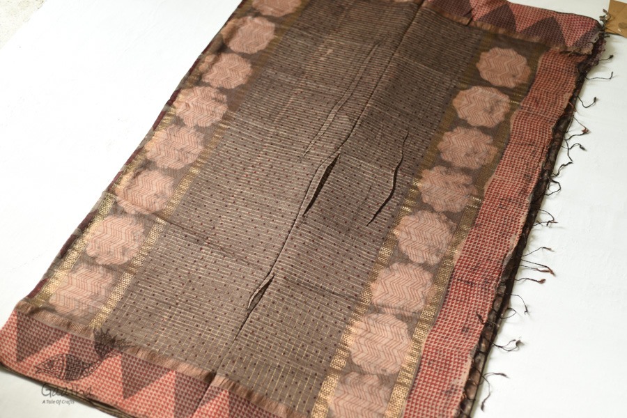 Block Printed Saree . Cotton Silk Handloom - Brown