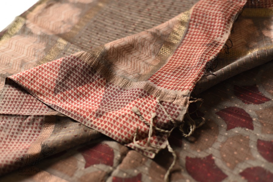 Block Printed Saree . Cotton Silk Handloom - Brown