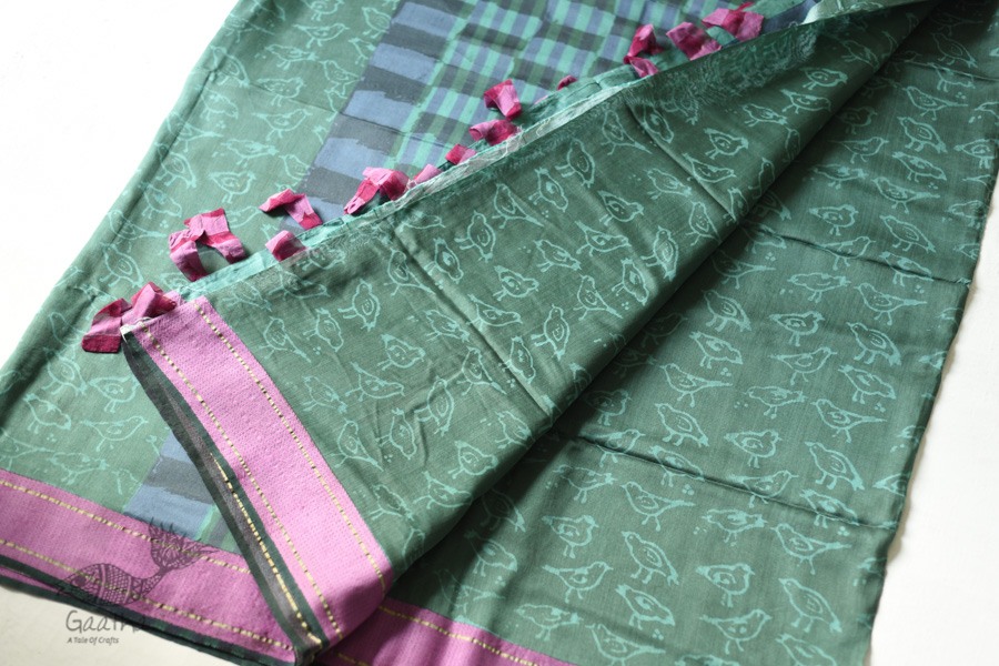 Block Printed Saree . Cotton Silk Handloom - Sparrow Motif