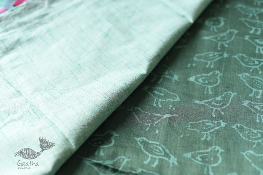 Block Printed Saree . Cotton Silk Handloom - Sparrow Motif